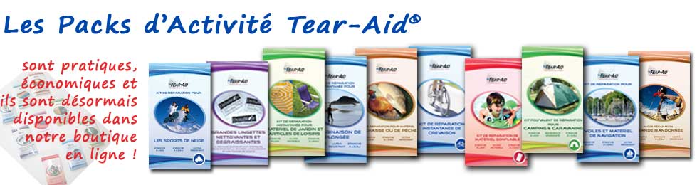 Les packs d'activité Tear-Aid pour la randonnée, les sports de glisse, la plongée et la voile, le camping et le jardin, le vélo, la chasse et la pêche.